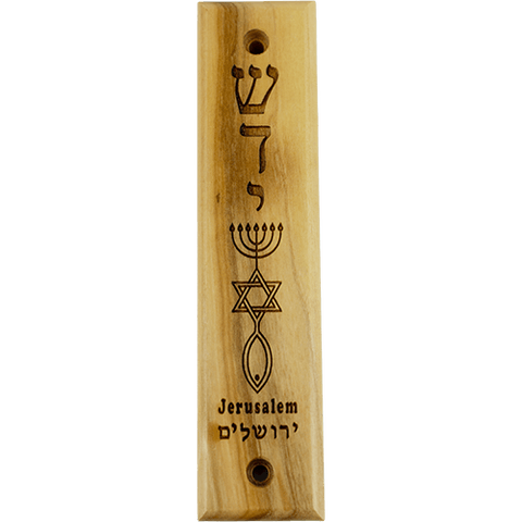 Shaddai & Messianic Symbol Olive Wood Mezuzah with Scroll