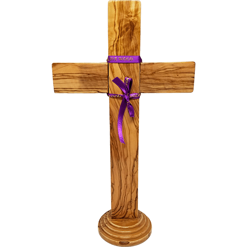 Holy Land 15" Genuine Olive Wood Standing Cross back with purple ribbon