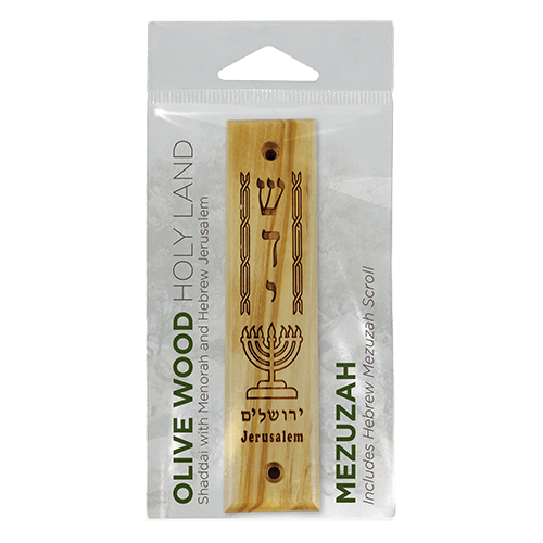 Shaddai & Menorah Olive Wood Mezuzah with Scroll