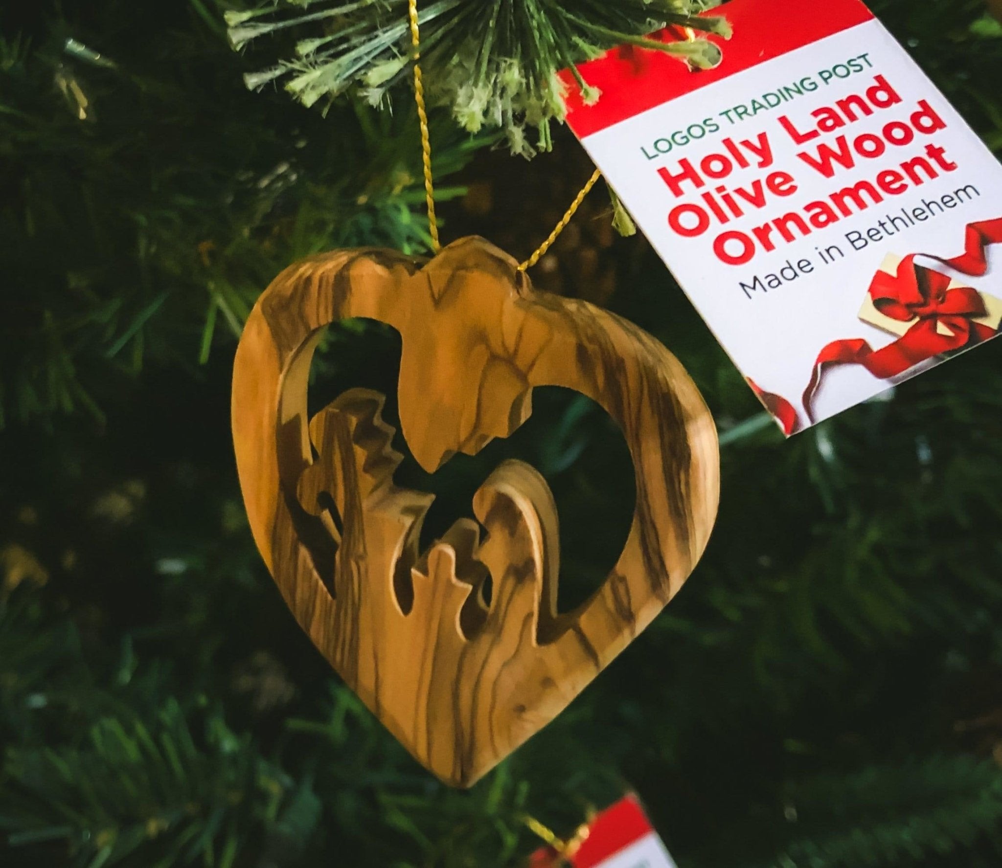 Olive Wood Bethlehem Heart Nativity 3" Ornament