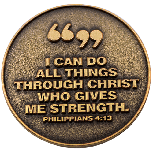 Back: Quotation marks, with text, "I can do all things through Christ who gives me strength. Philippians 4:13"