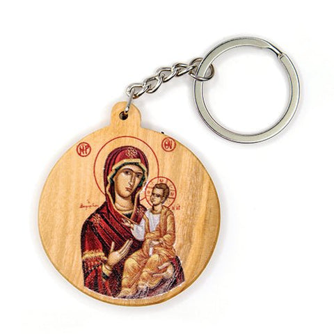 Virgin Mary of Jerusalem (Byzantine), Olive Wood Catholic Keychain