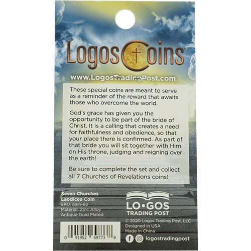back of Laodicea, Seven Churches of Revelation Antique Gold Plated Challenge Coin packaging