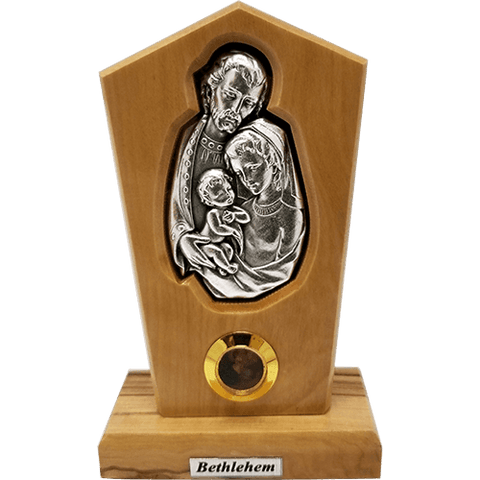 Holy Family Silver Plated Icon Olive Wood Stand - Medium