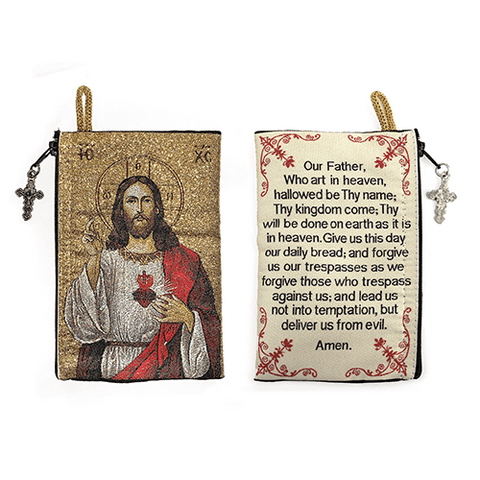 Woven Tapestry Rosary Pouch, Jewelry & Coin Purse - Sacred Heart of Jesus & The Lord's Prayer