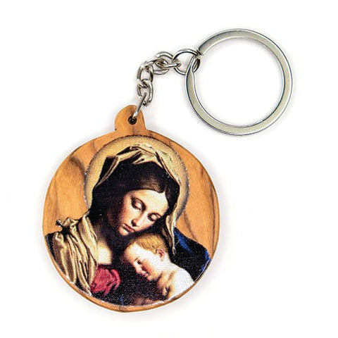 Madonna & Sleeping Child, Olive Wood Catholic Keychain