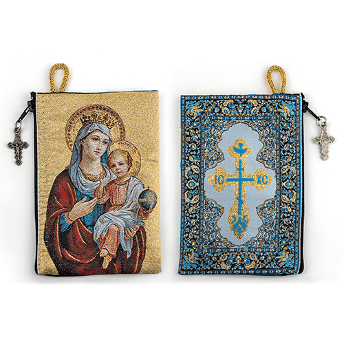 Woven Tapestry Rosary Pouch, Jewelry & Coin Purse - Catholic Rosary Pouch, Madonna and Child & IC XC Cross - Blue