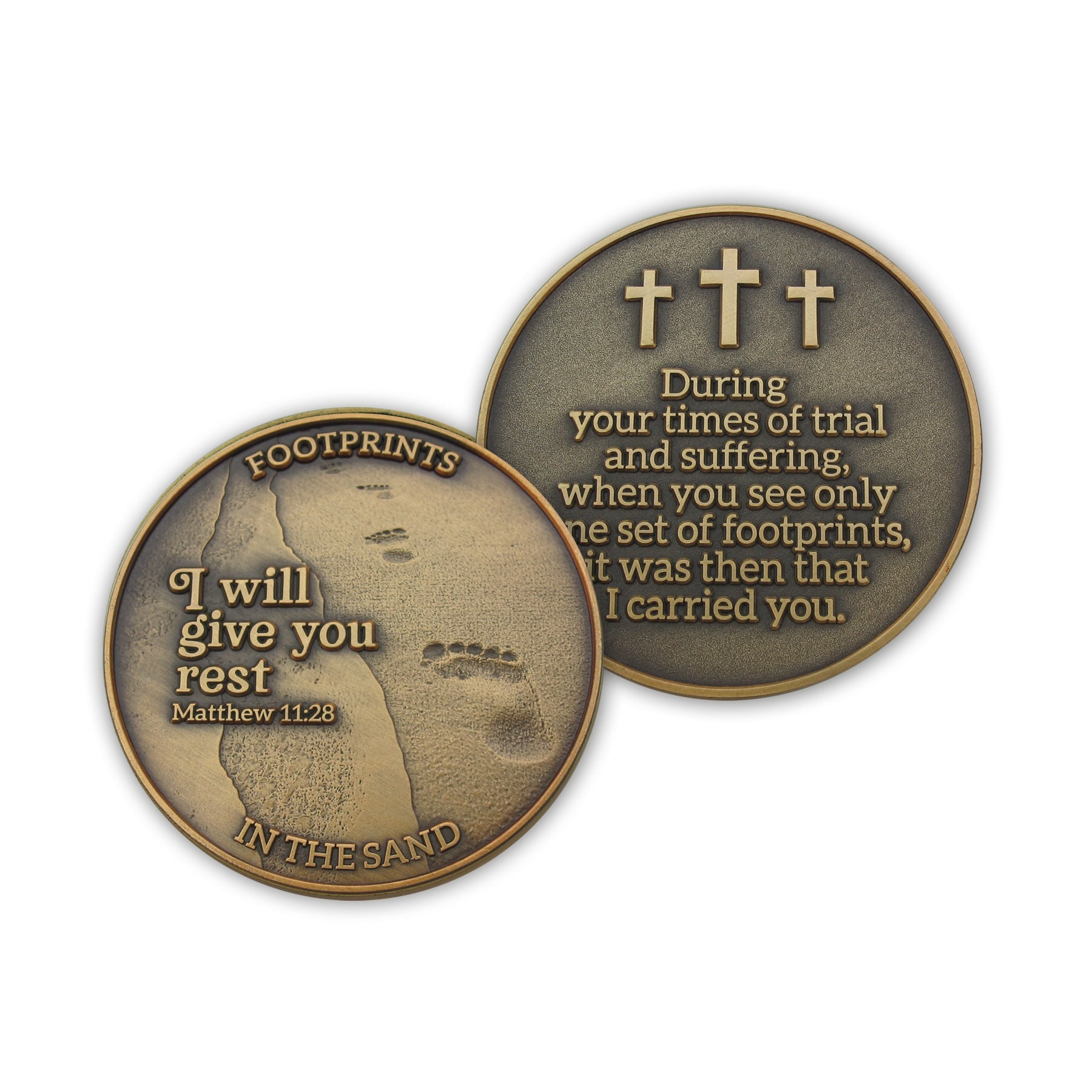 Front and Back of Footprints in the Sand Antique Gold Plated Challenge Coin 