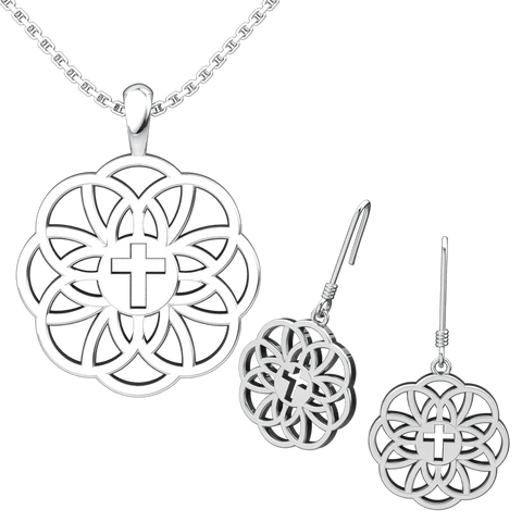 Flourish Cross Set: Sterling Silver Pendant and Earrings - Logos Trading Post, Christian Gift