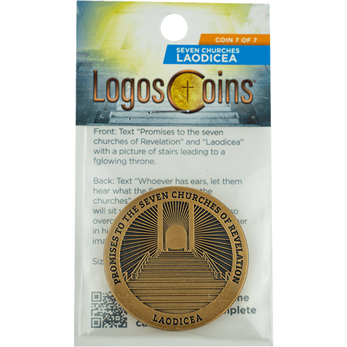 front of Laodicea, Seven Churches of Revelation Antique Gold Plated Challenge Coin in packaging