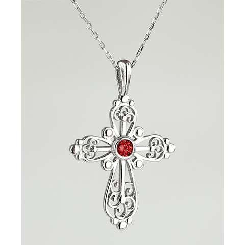 Sterling Silver Filigree Birthstone Cross Necklace - January