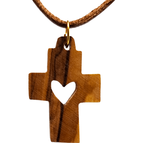 Double Cut-Out Olive Wood Cross Pendant with Necklace