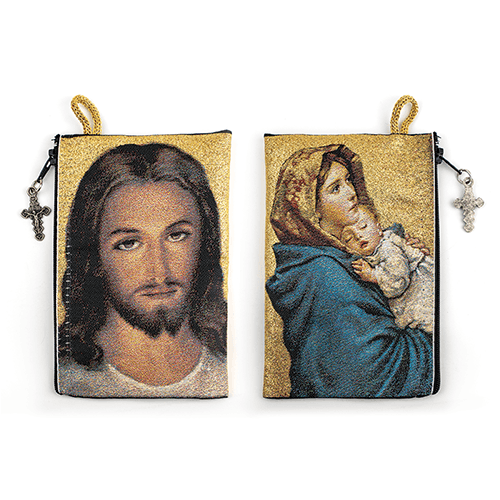 Woven Tapestry Rosary Pouch, Jewelry & Coin Purse - Virgin Mary and Baby Jesus & Face of Christ