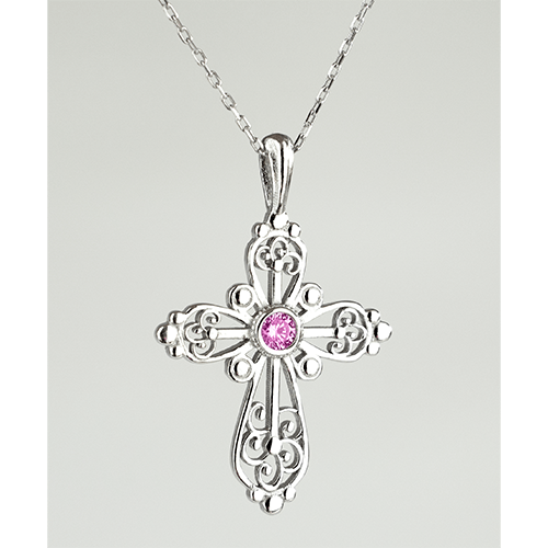 Sterling Silver Filigree Birthstone Cross Necklace - October