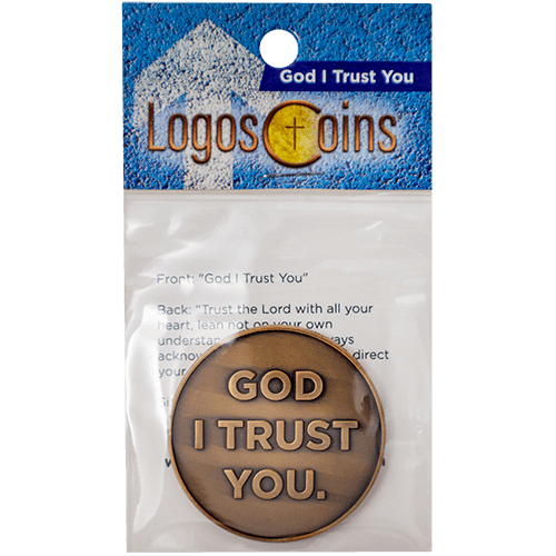 front of God I Trust You Christian Antique Gold Plated Challenge Coin in packaging