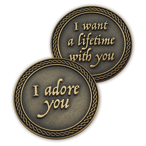 Front and back of  I Adore You Romantic Love Expression Antique Gold Plated Coin